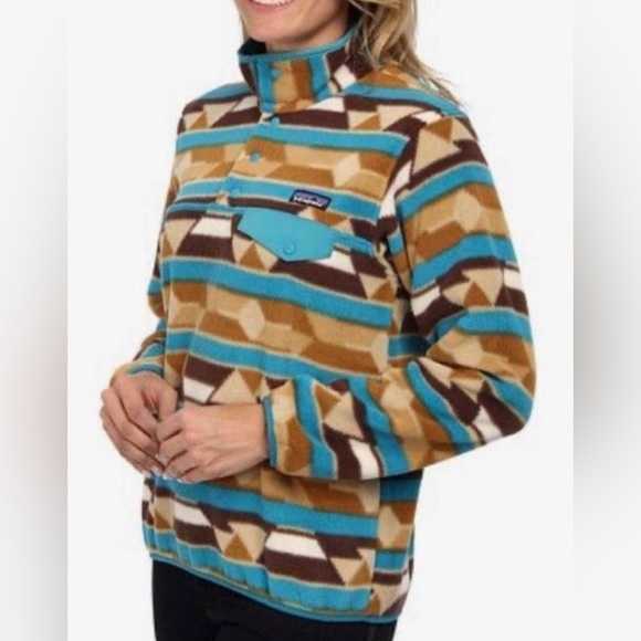 🌟HP🎉Patagonia Synchilla Snap T Fleece in Brown & Teal Guatemalan Tango Print - Picture 2 of 9